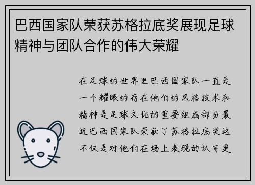 巴西国家队荣获苏格拉底奖展现足球精神与团队合作的伟大荣耀 巴西国家队荣获苏格拉底奖展现足球精神与团队合作的伟大荣耀