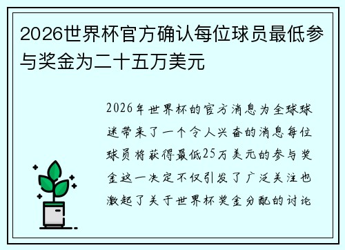 2026世界杯官方确认每位球员最低参与奖金为二十五万美元